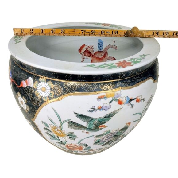 Ceramic Chinese Chinoiserie Fishbowl Floral Bird Motif Vintage Bowl Planter - Picture 6 of 9